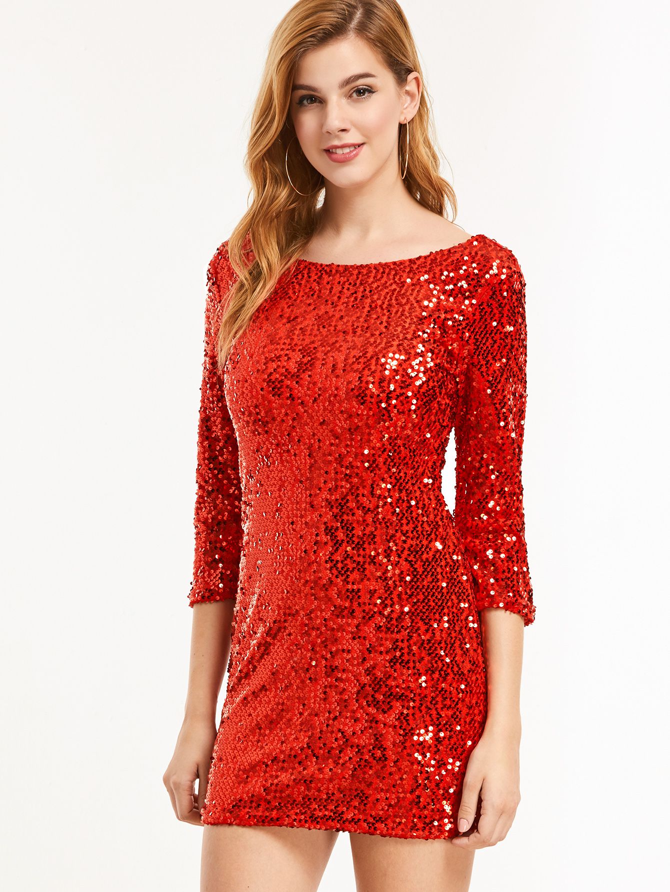 Red Sequin V Back Bodycon Dress