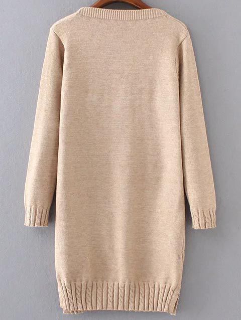 V Neck Cable Knit Detail Slit Sweater Dress