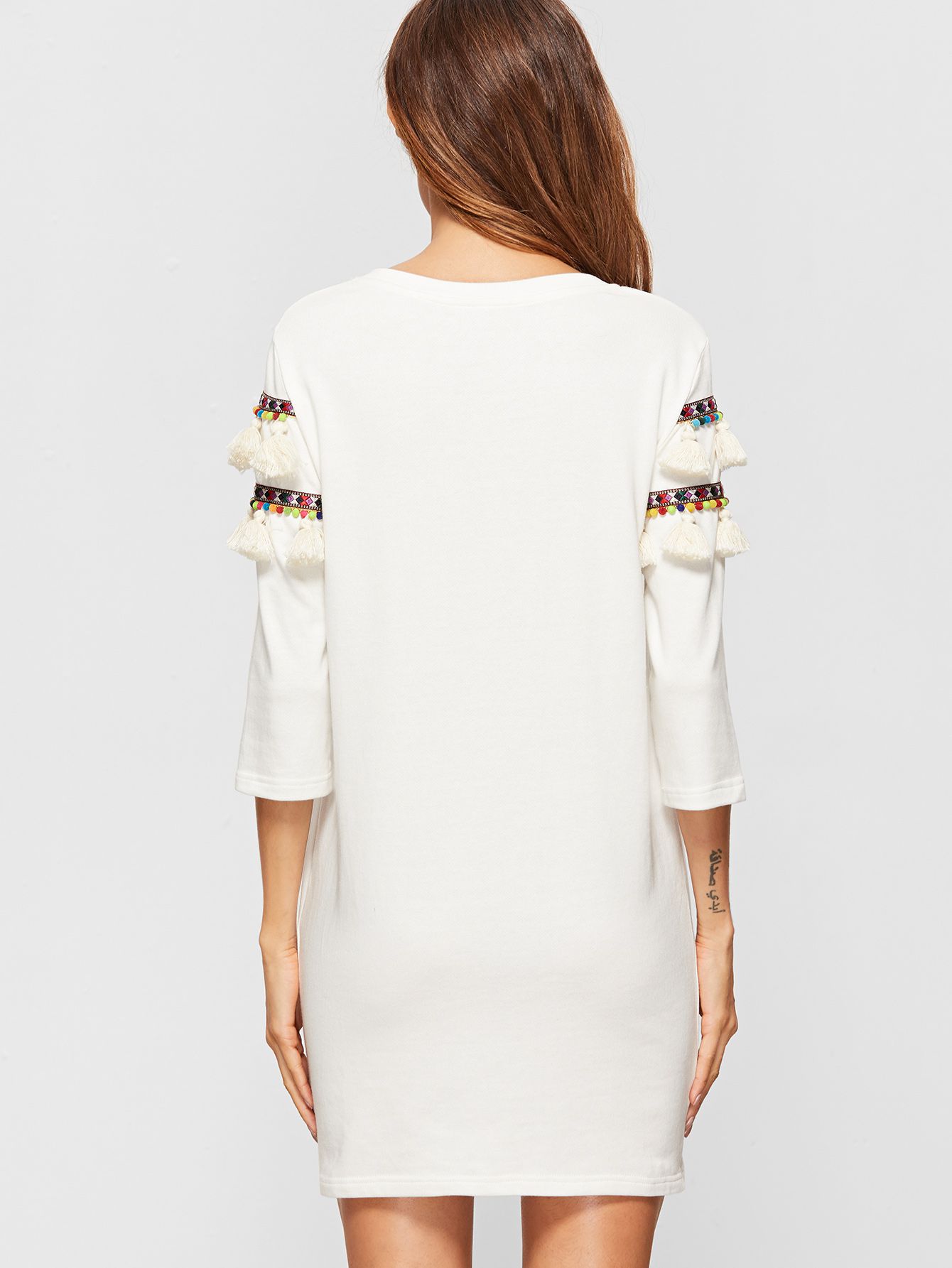 White 3/4 Sleeve Dress With Embroidered Tape And Tassel Detail