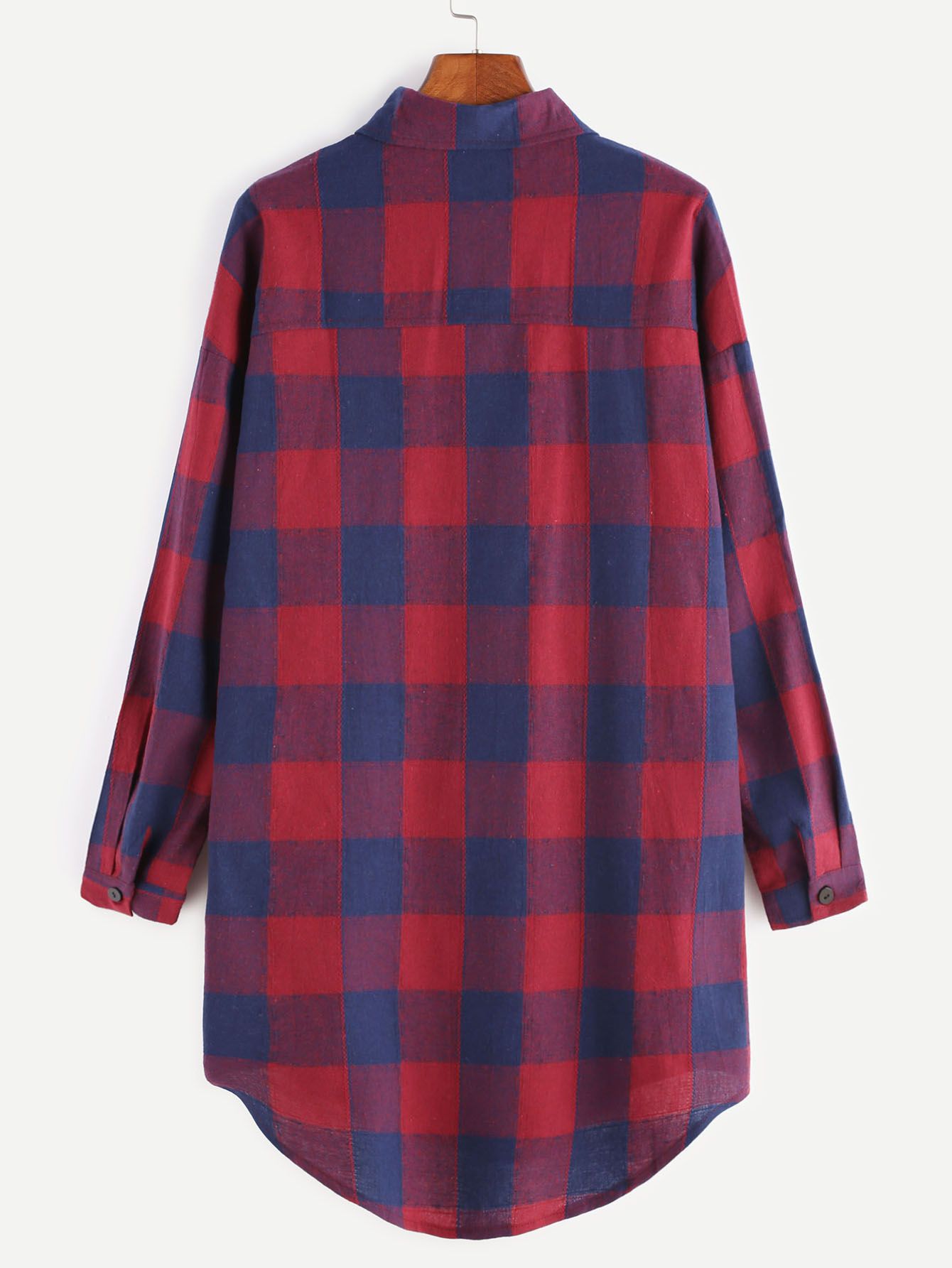 Check Plaid Drop Shoulder Curved Hem Shirt Dress