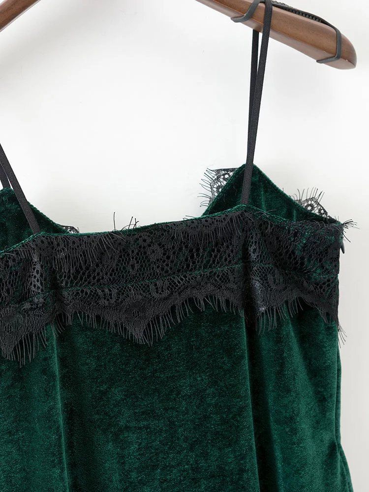 Green Eyelash Detail Velvet Cami Dress