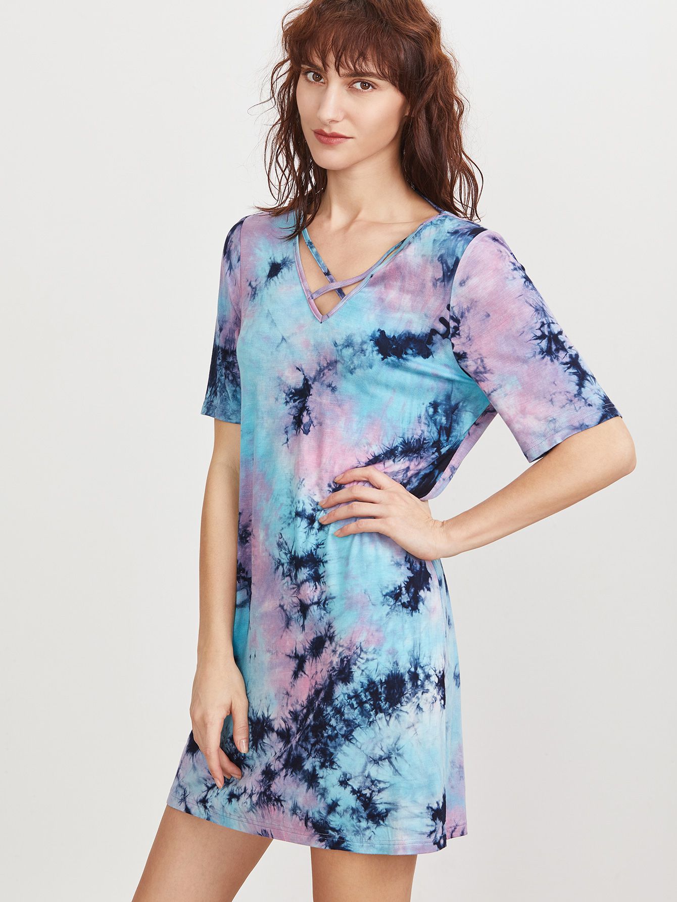 Multicolor Tie Dye Print Crisscross V Neck Tee Dress