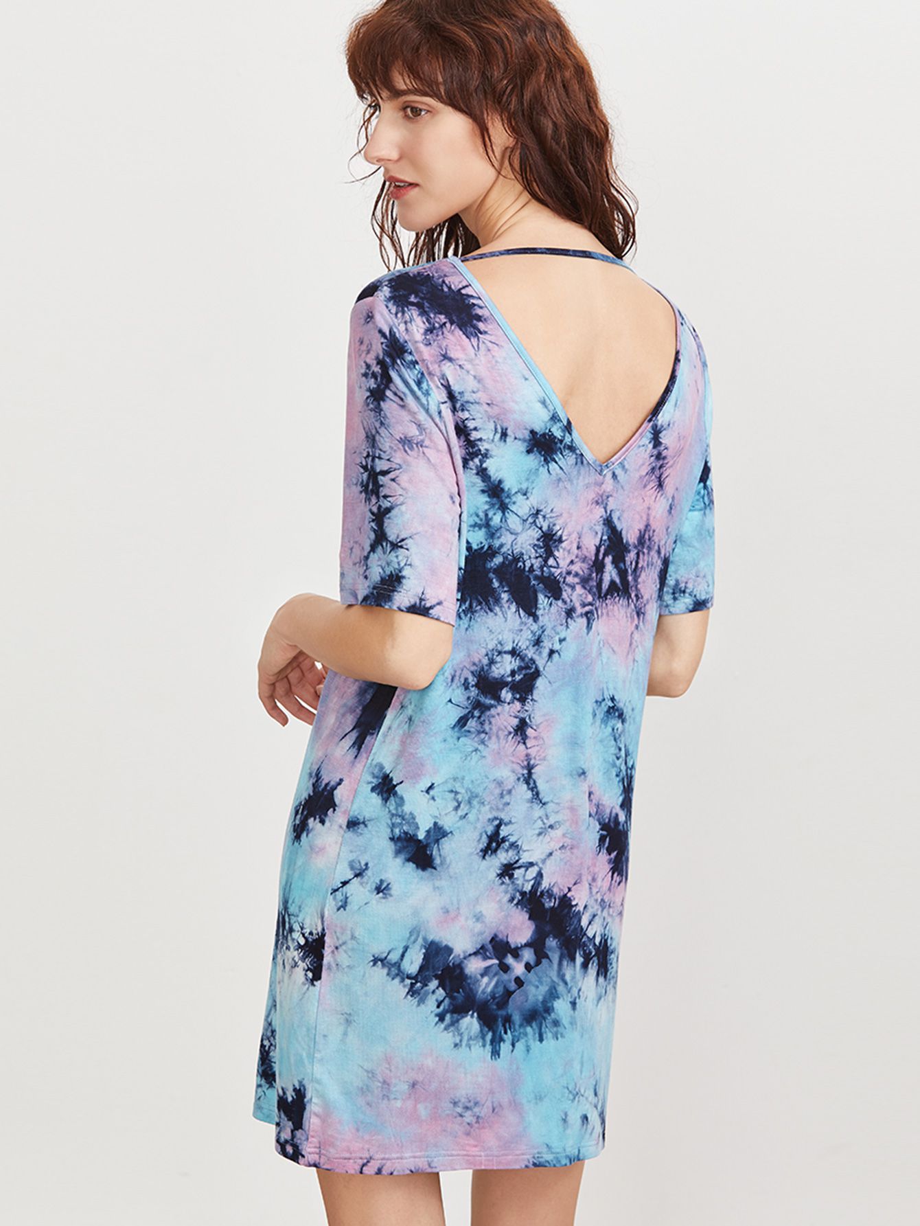 Multicolor Tie Dye Print Crisscross V Neck Tee Dress