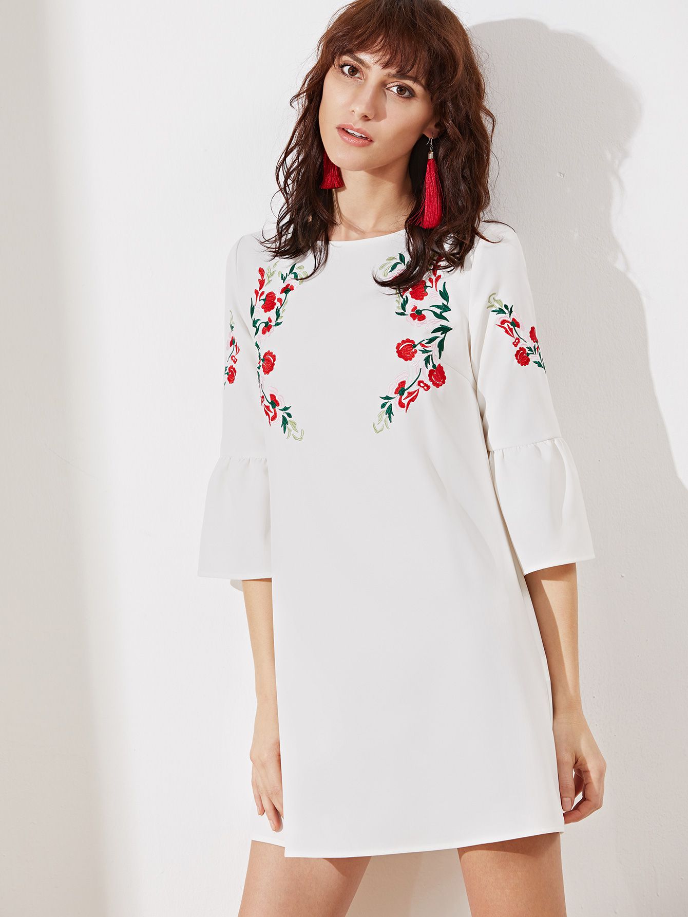 White Bell Sleeve Embroidered Tunic Dress