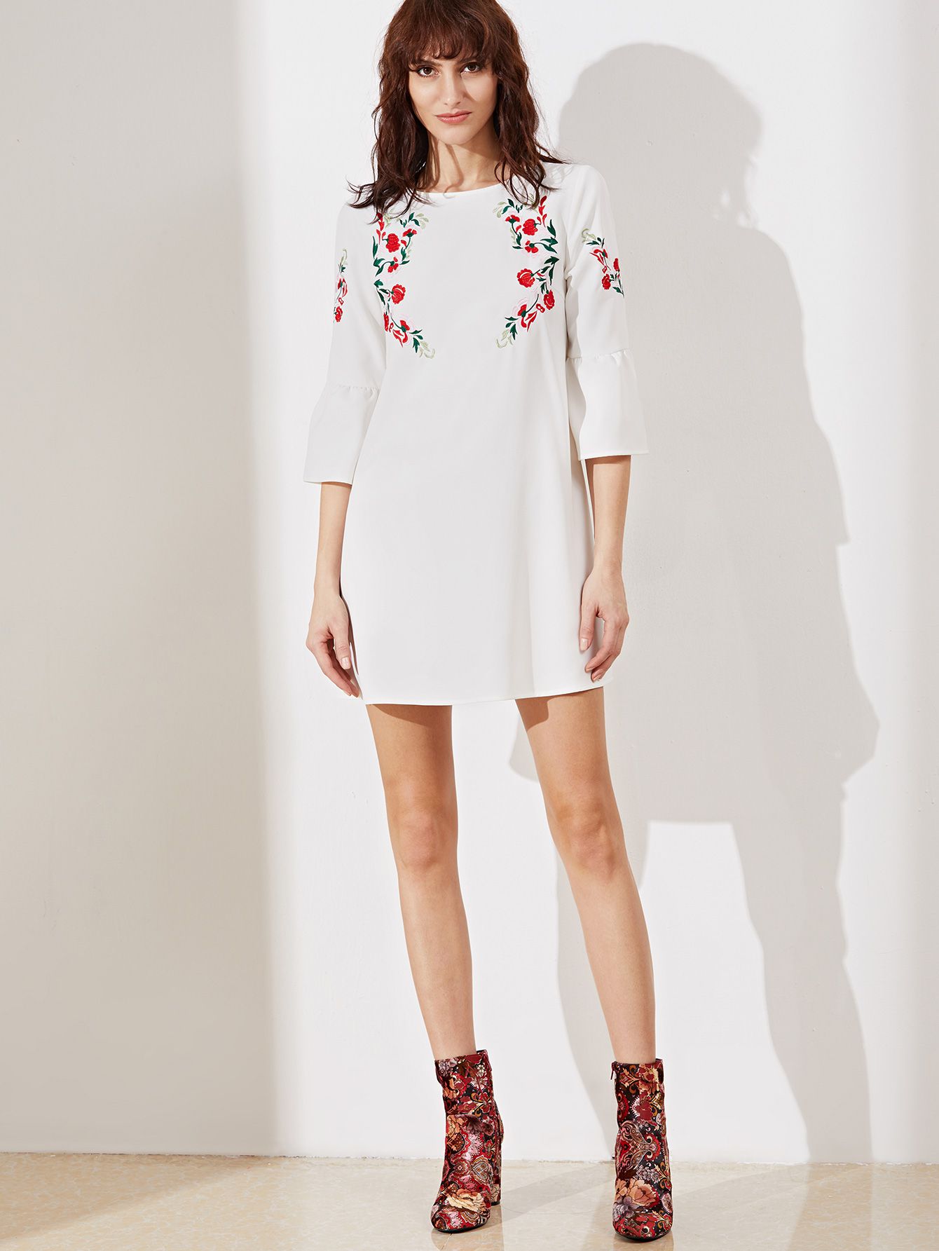 White Bell Sleeve Embroidered Tunic Dress