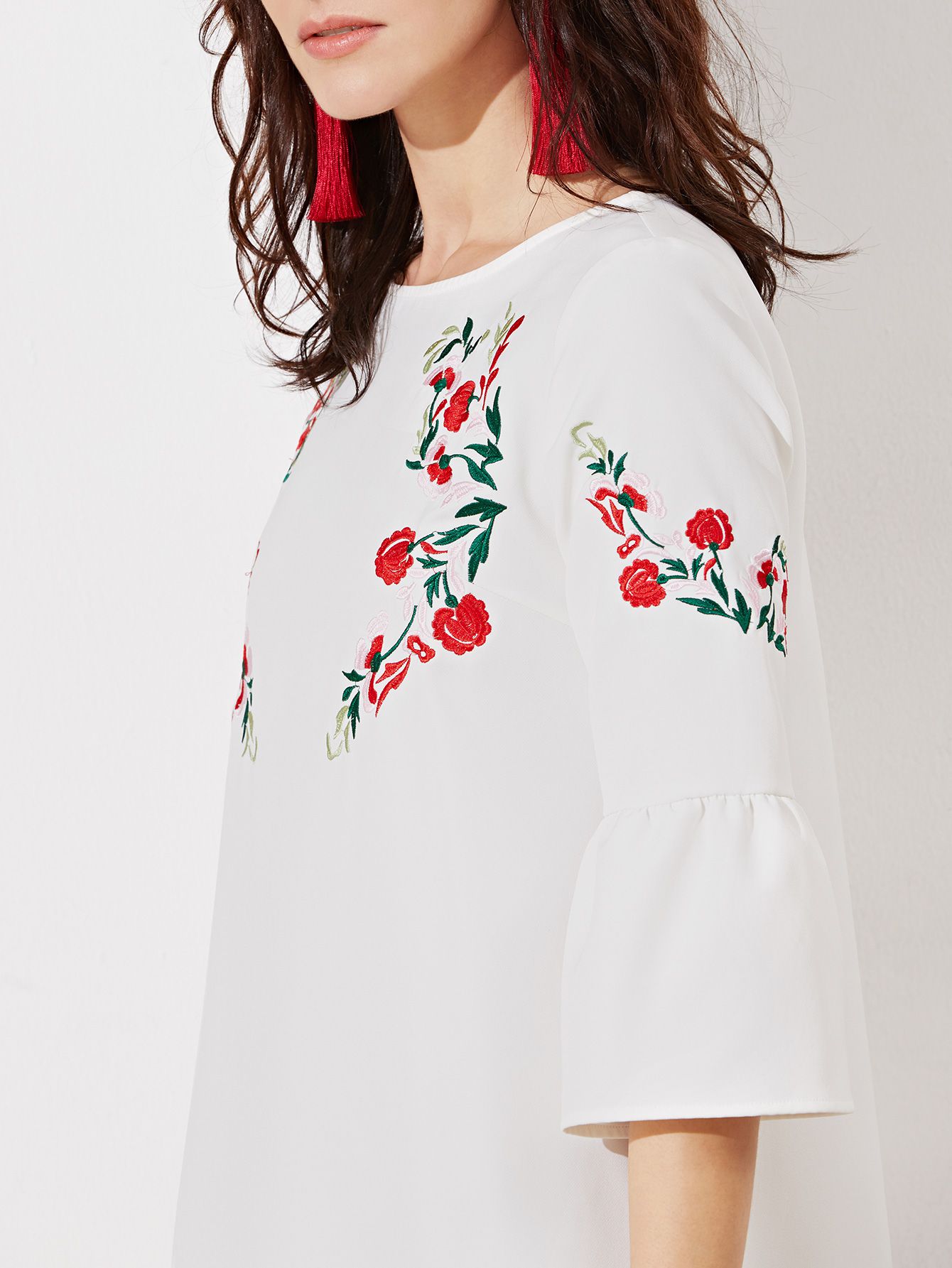 White Bell Sleeve Embroidered Tunic Dress