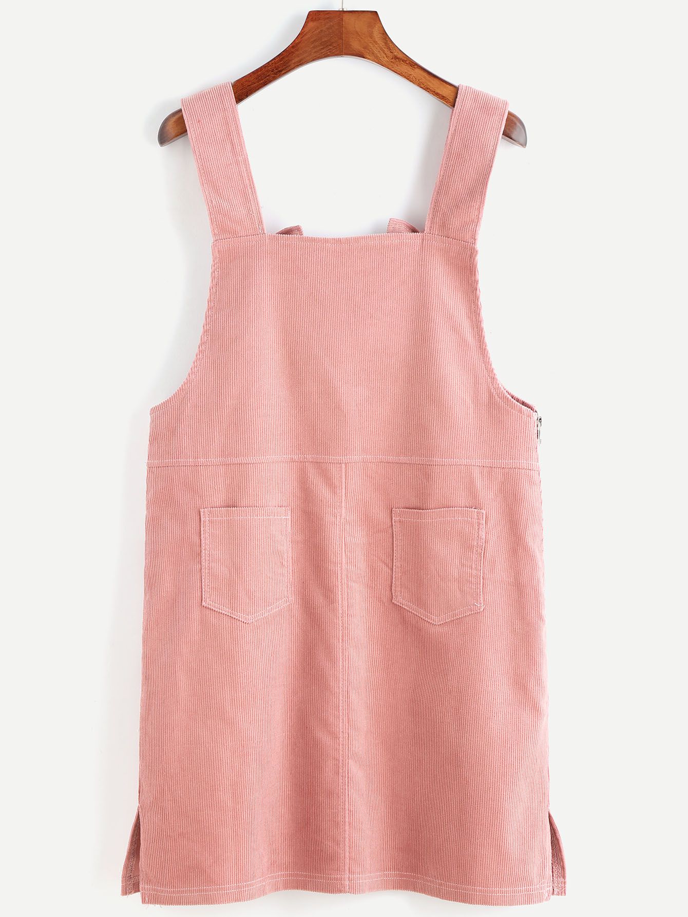 Pink Corduroy Slit Side Overall Dress With Pocket