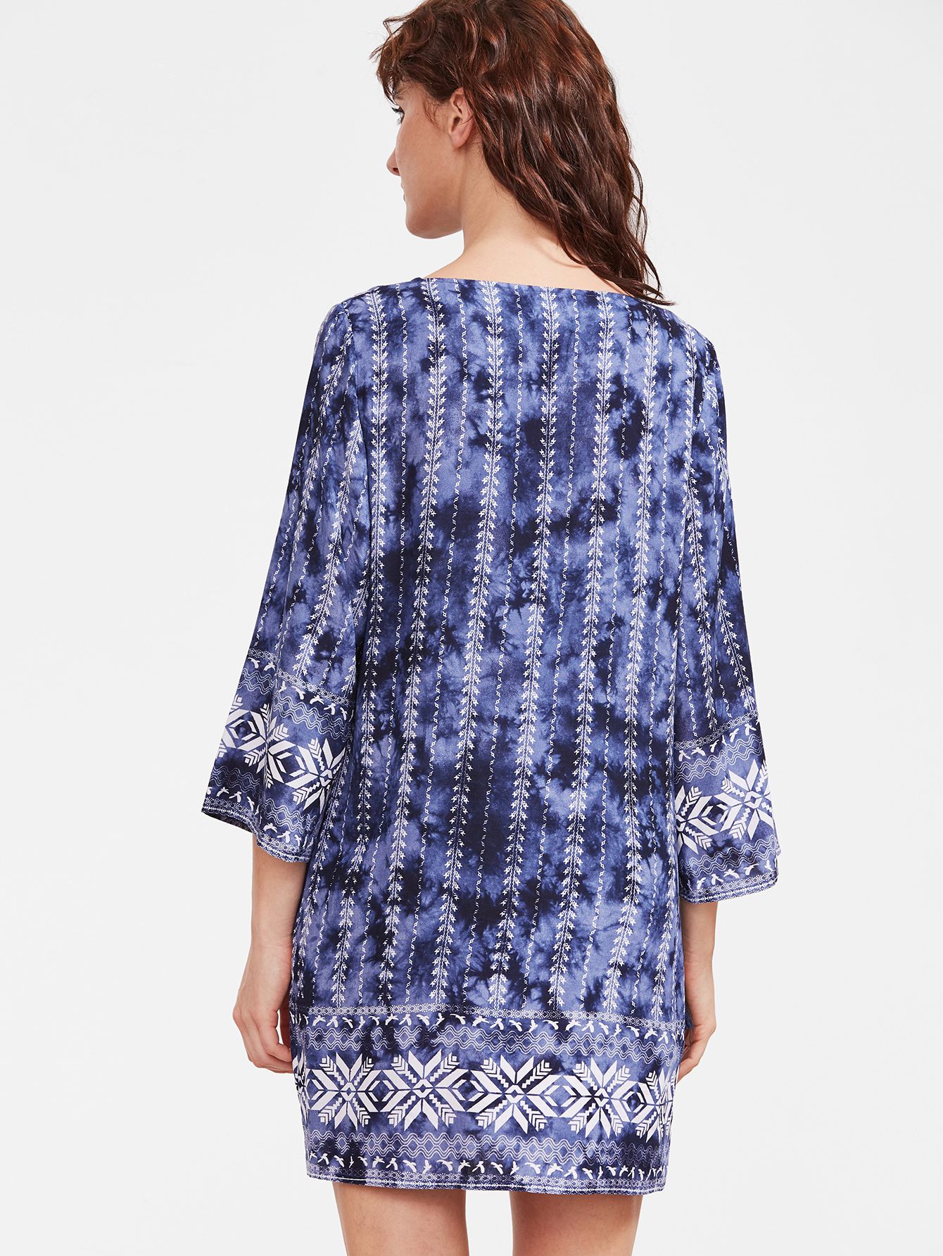 Blue Tie Dye Print Tassel Tie Neck 3/4 Sleeve Dress