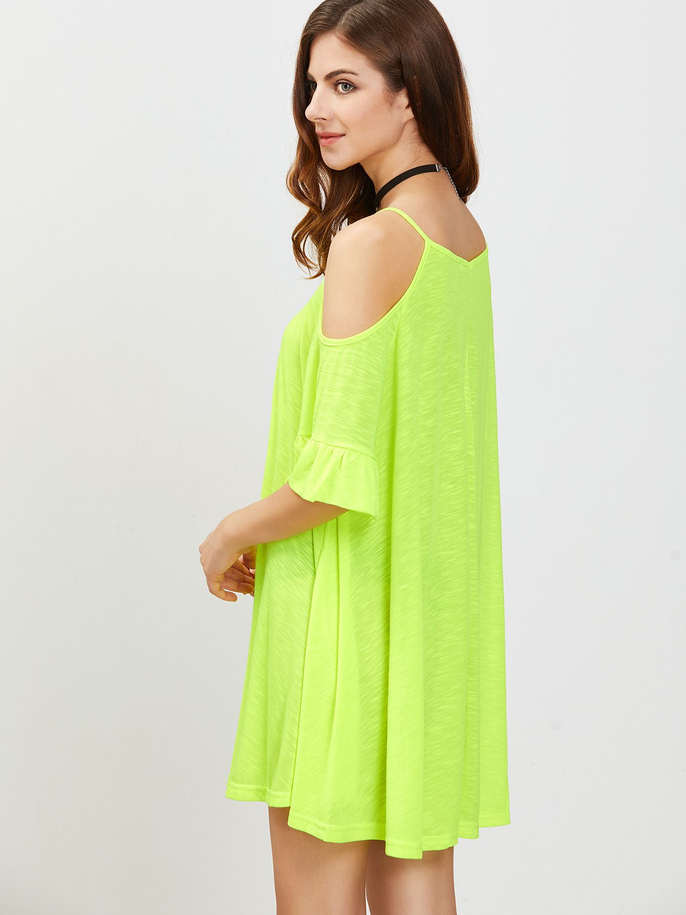 Neon Green Cold Shoulder Ruffle Cuff Dress