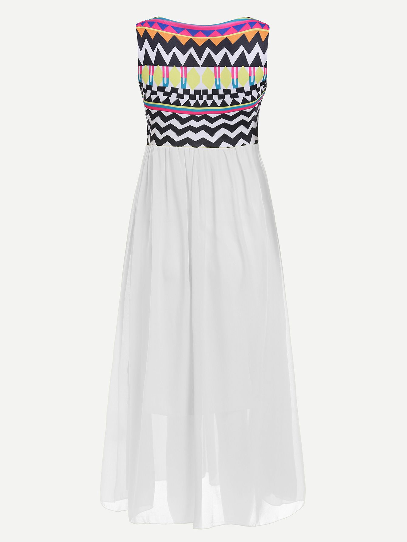 White Geometric Print Sleeveless Dress