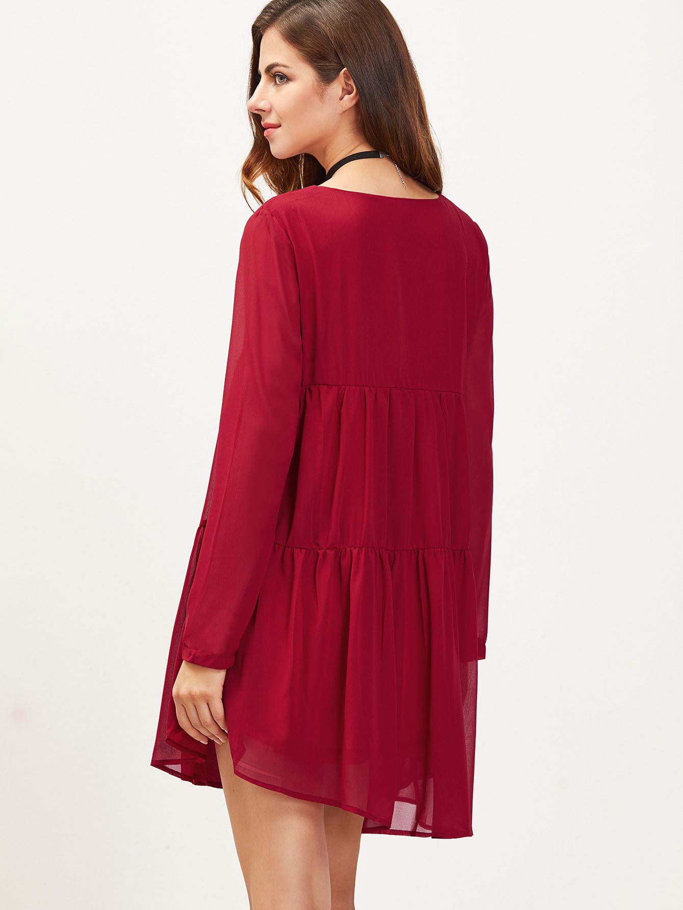 Burgundy Scoop Neck Long Sleeve Shift Dress