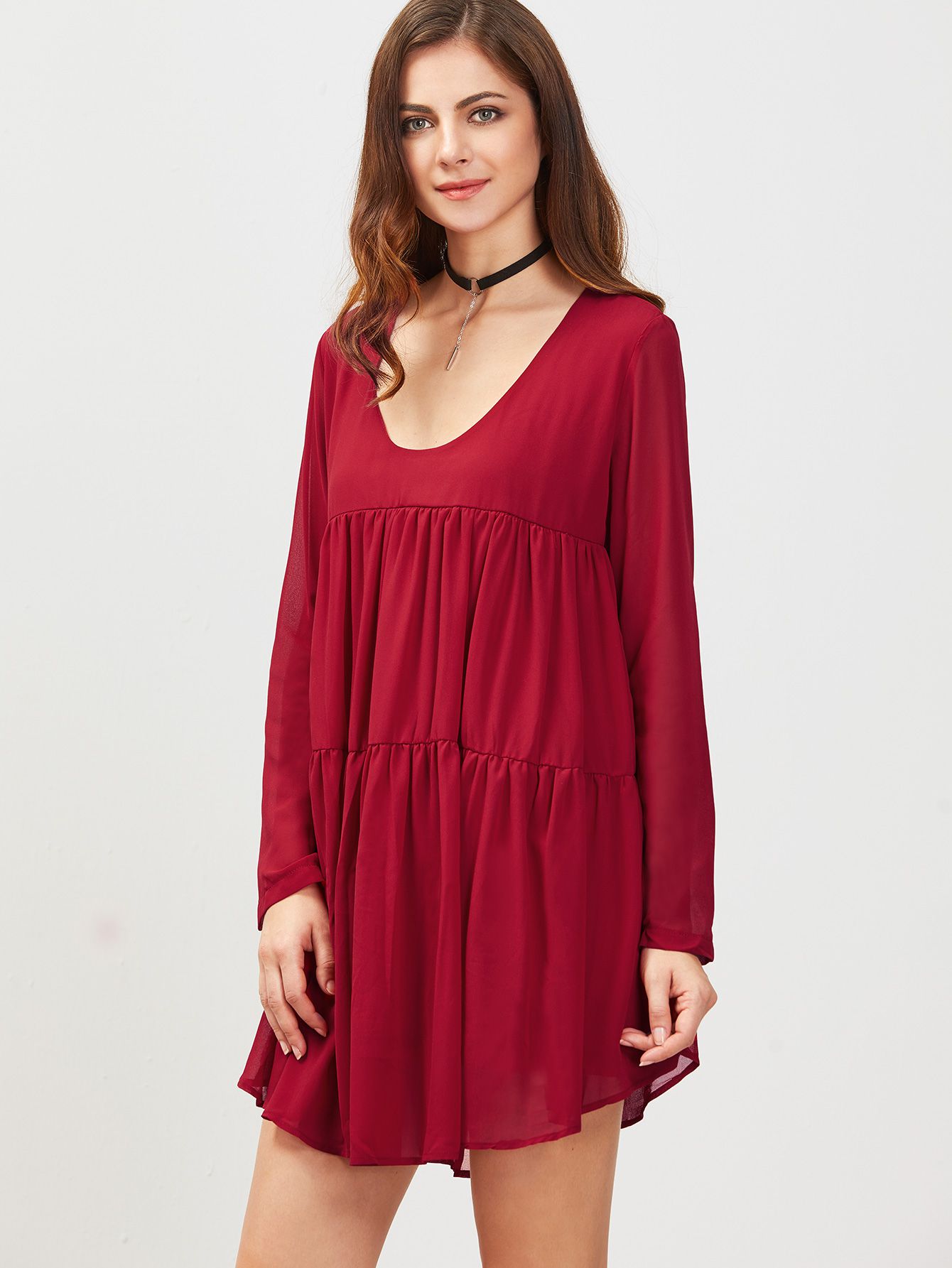 Burgundy Scoop Neck Long Sleeve Shift Dress