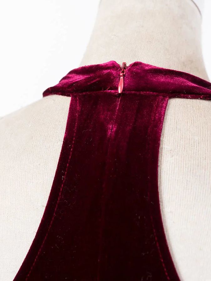 Burgundy Halter Keyhole Velvet A Line Dress