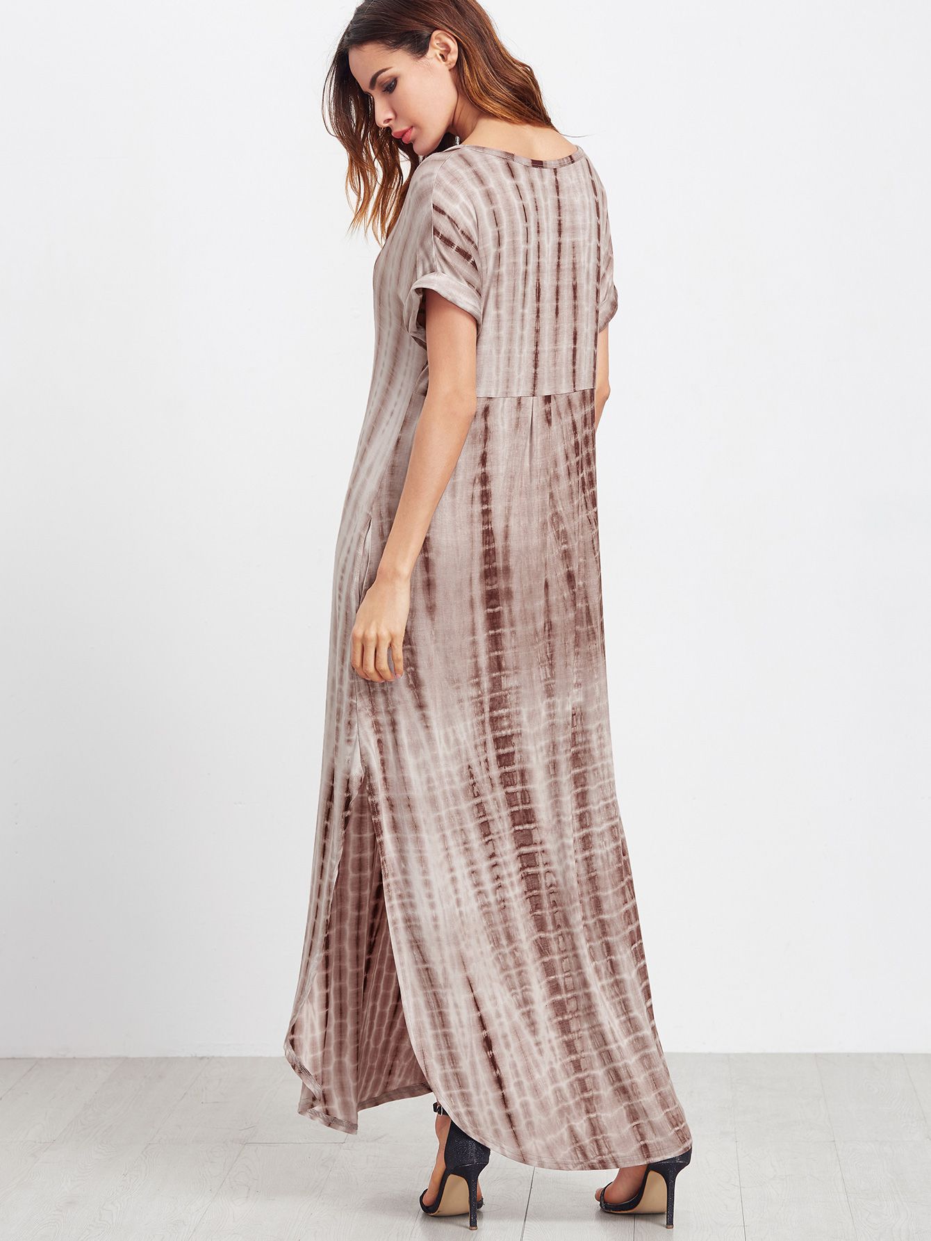 Coffee Tie Dye Print Split Curved Hem Maxi Dress