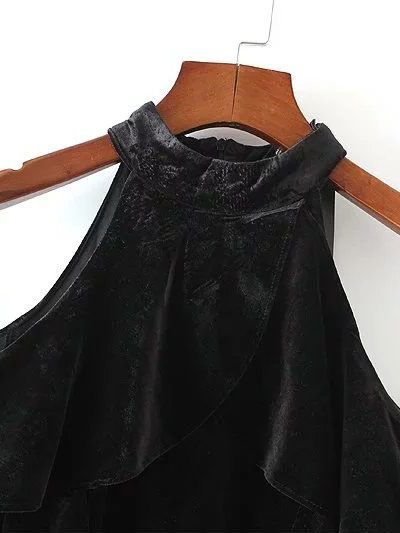 Black Open Shoulder Zipper Back Velvet Dress