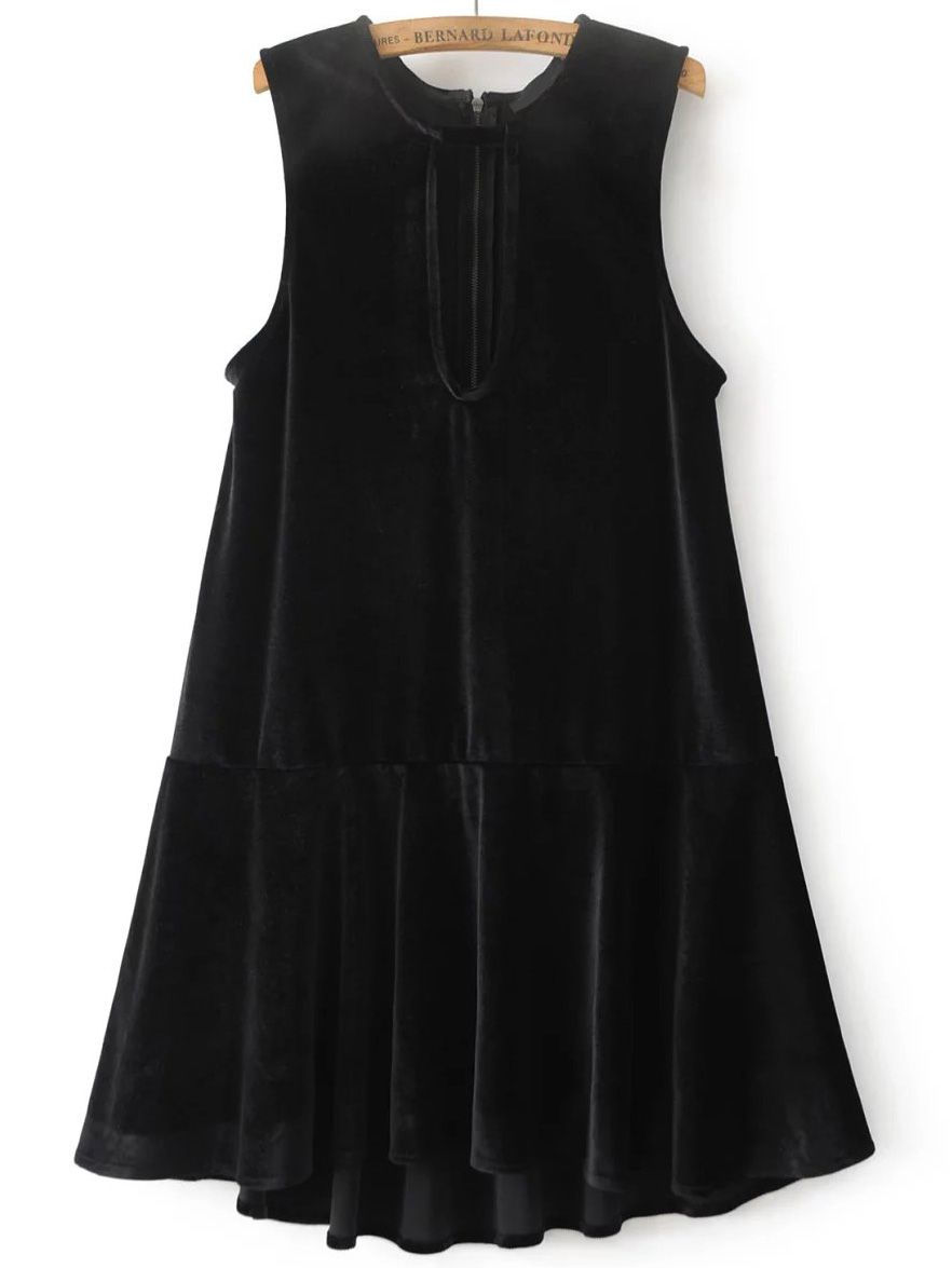 Black Keyhole Zipper Back Drop Waist Velvet Dress