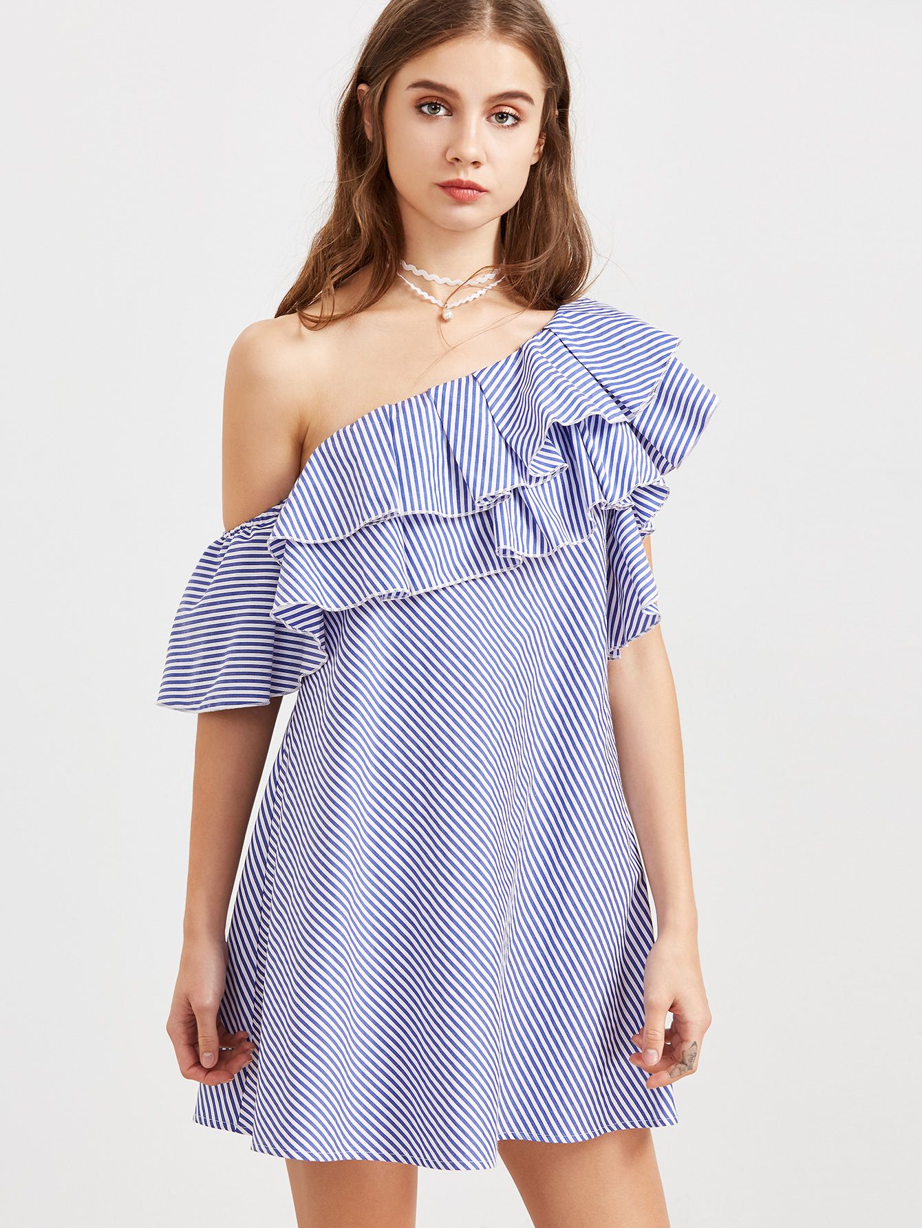 Blue Striped One Shoulder Layered Ruffle Dress