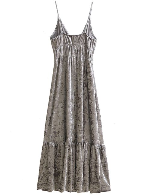 Silver V Neck Velvet Midi Cami Dress