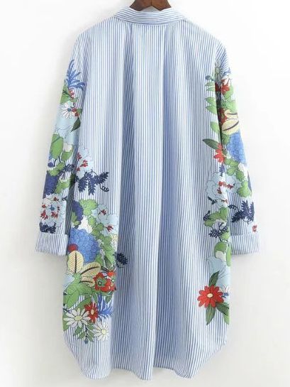 Blue Flower Print Vertical Striped Shirt Dress