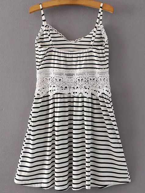 Black And White Striped Crochet Trim Cami Dress