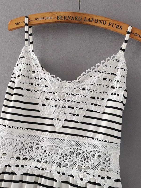 Black And White Striped Crochet Trim Cami Dress