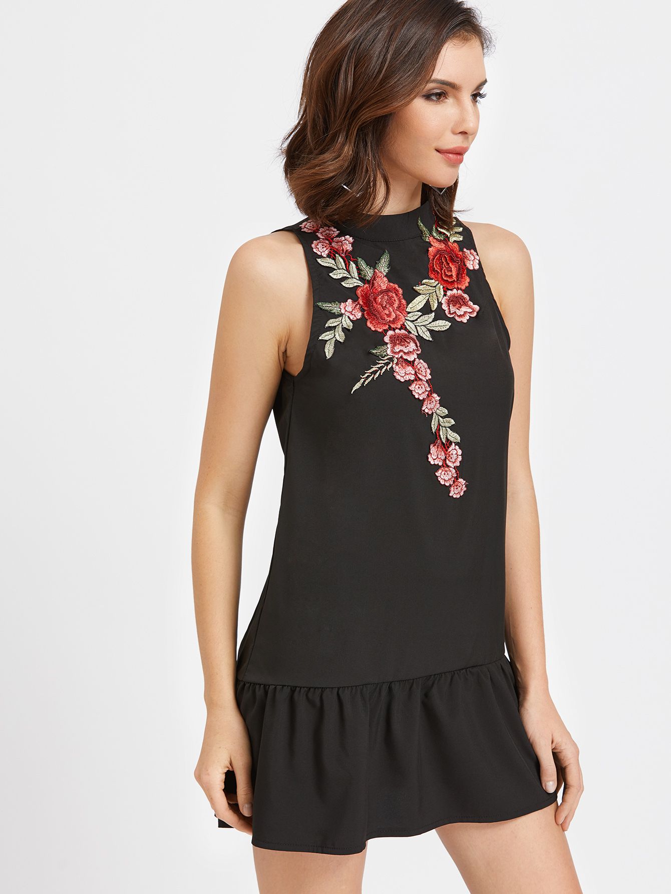 Black Open Back Applique Ruffle Hem Dress