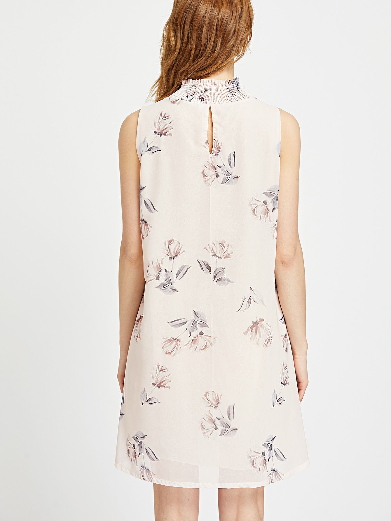 Apricot Floral Print Keyhole Back Dress