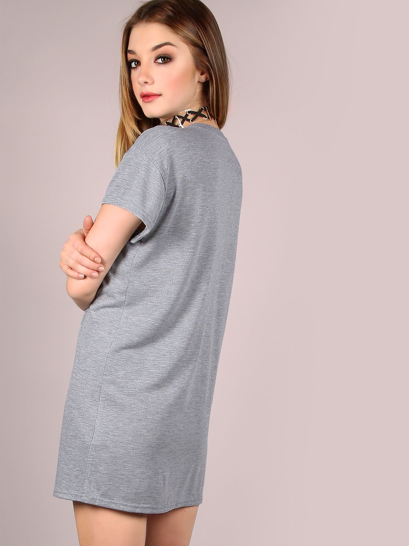 Grey Varsity Print Lace Up V Neck Tee Dress